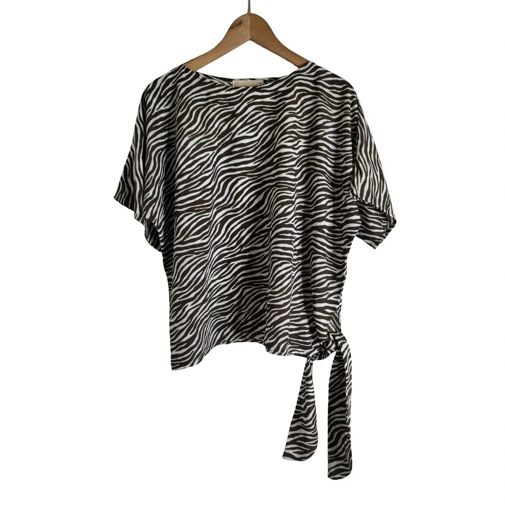 Michael Michael Kors Zebra Print Side Tie Blouse Brown White M Relaxed Luxury
